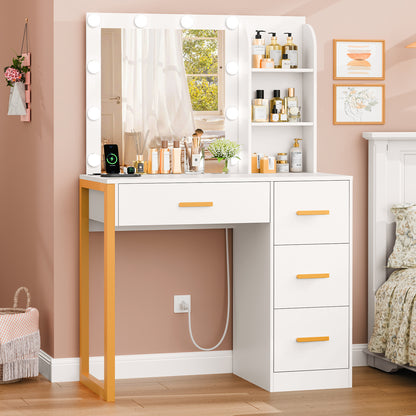 USIKEY Makeup Vanity Desk with Mirror & Lights, Vanity Desk with 4 Drawers & Power Outlet, Vanity Table with Open Storage Shelves for Bedroom