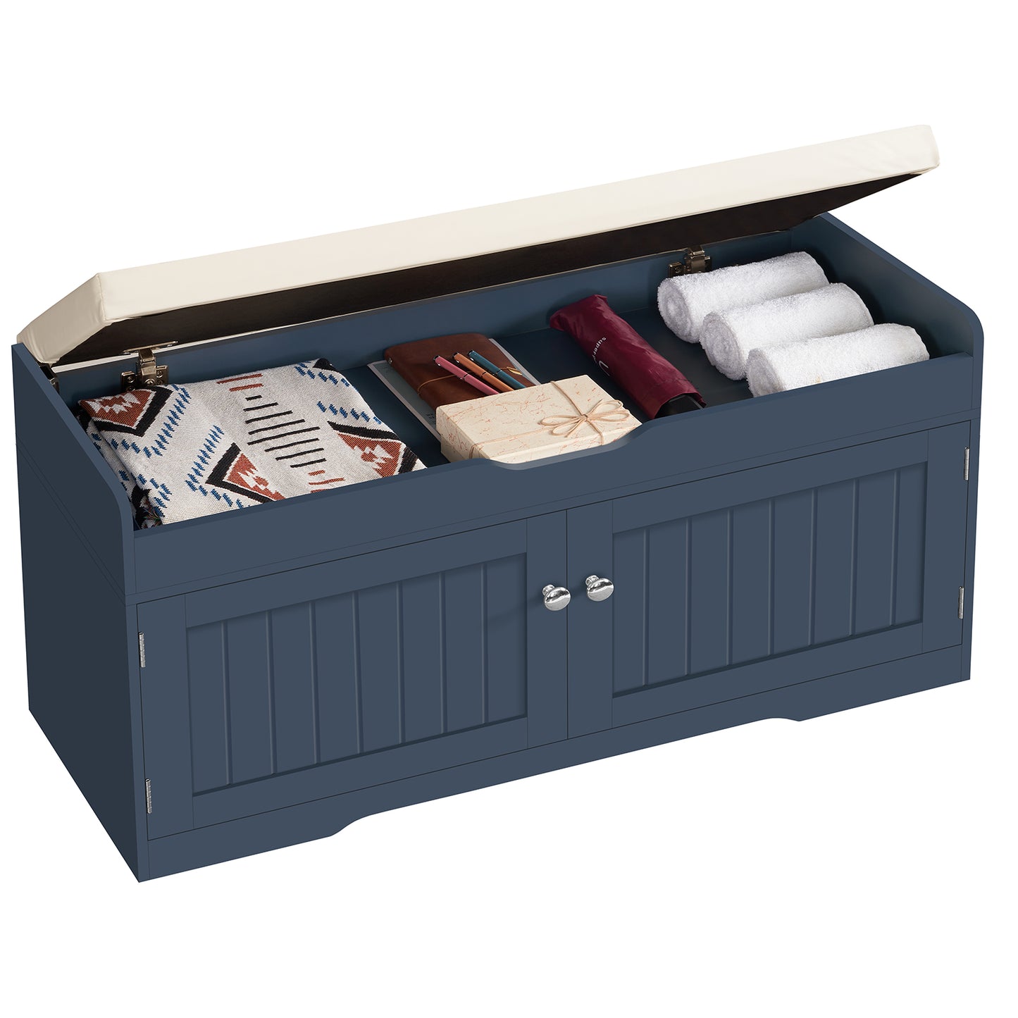 USIKEY Shoe Storage Bench, 2 Tier Shoe Bench with Padded Seat Cushion & 2 Barn Doors, Entryway Bench with Adjustable Shelf, Shoe Cabinet for Living Room, Bedroom