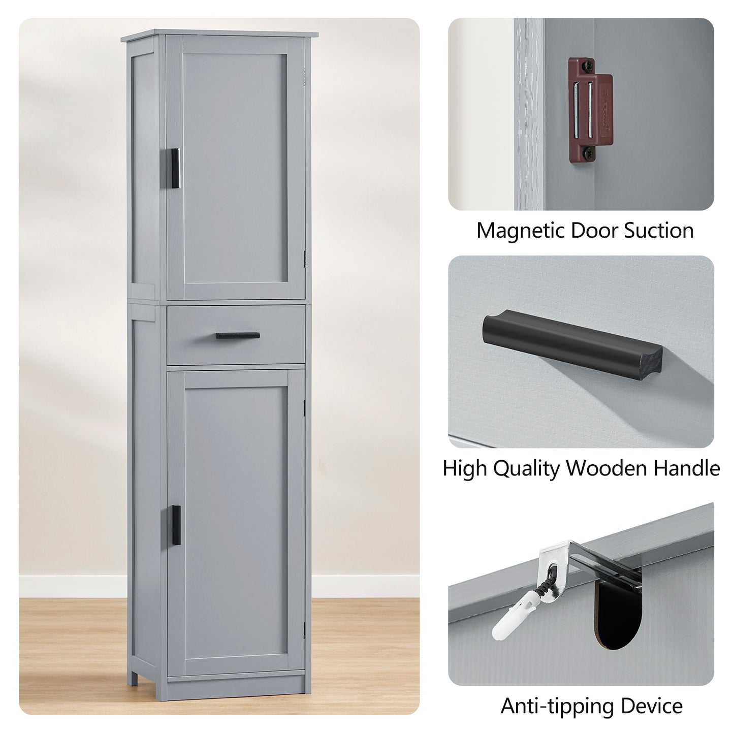 usikey 67" Tall Bathroom Cabinet, Storage Cabinet with 4 Shelves & 2 Doors, Narrow Storage Cabinet for Bathroom, Living Room, Home Office, Grey