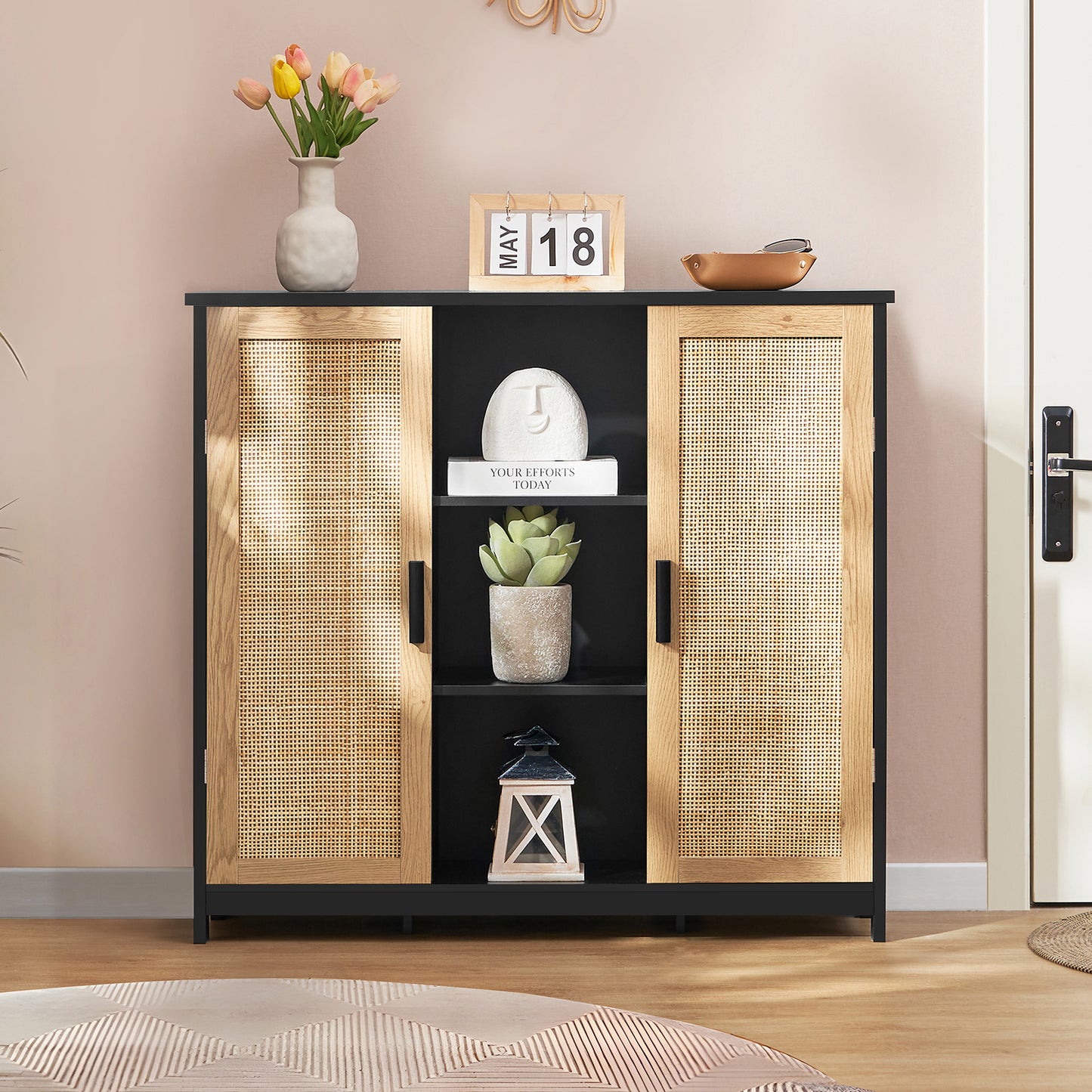 Storage Cabinet with 2 Doors and 4 Storage Shelves, Credenza Buffet Cabinet, Bathroom Cabinet for Living Room, Entryway, Home Office, White