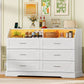 White Dresser for Bedroom, 6 Drawer Dresser with Charging Station & LED Lights, Dressers & Chests of Drawers, Dresser TV Stand for Bedroom, White