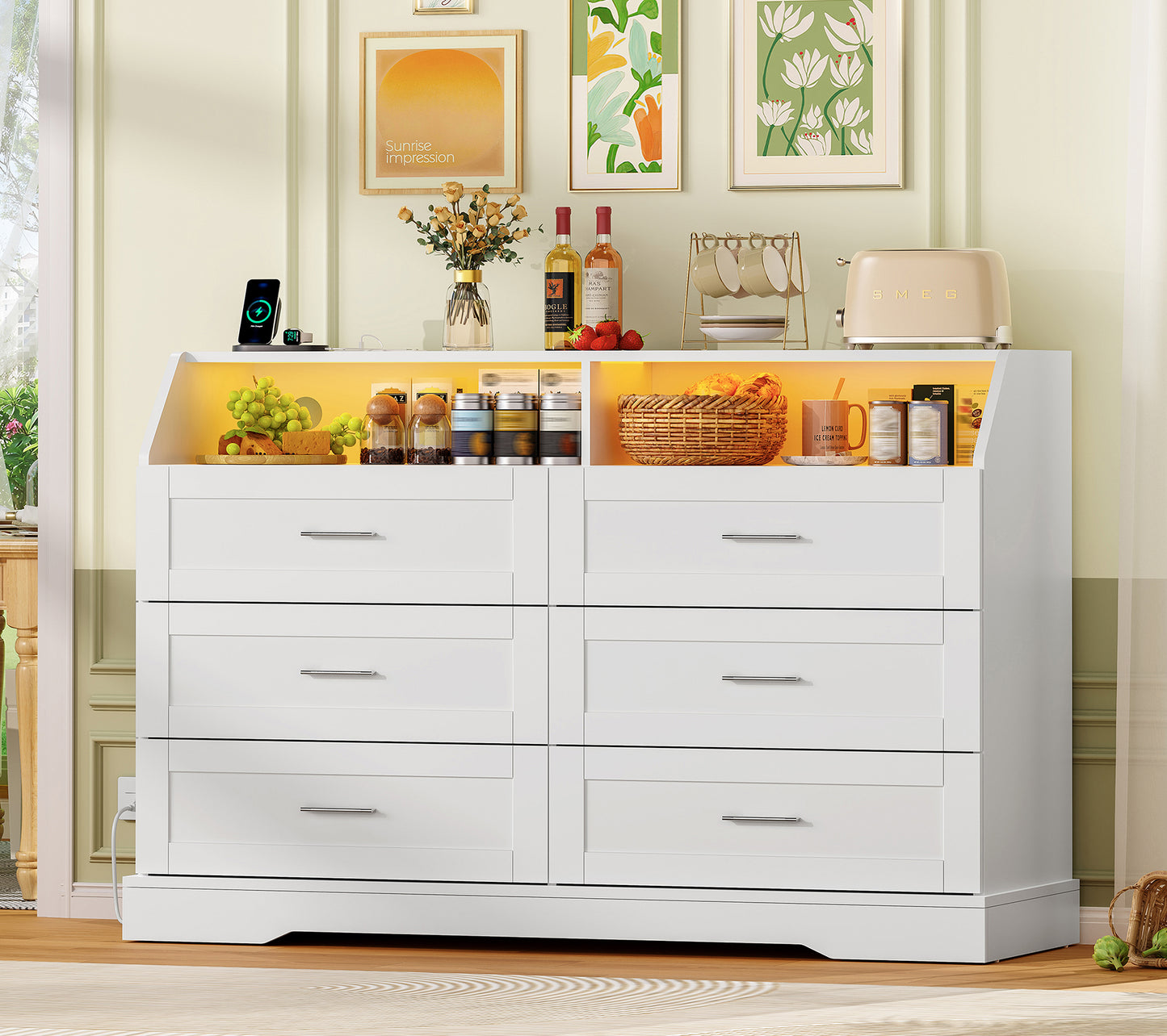 White Dresser for Bedroom, 6 Drawer Dresser with Charging Station & LED Lights, Dressers & Chests of Drawers, Dresser TV Stand for Bedroom, White