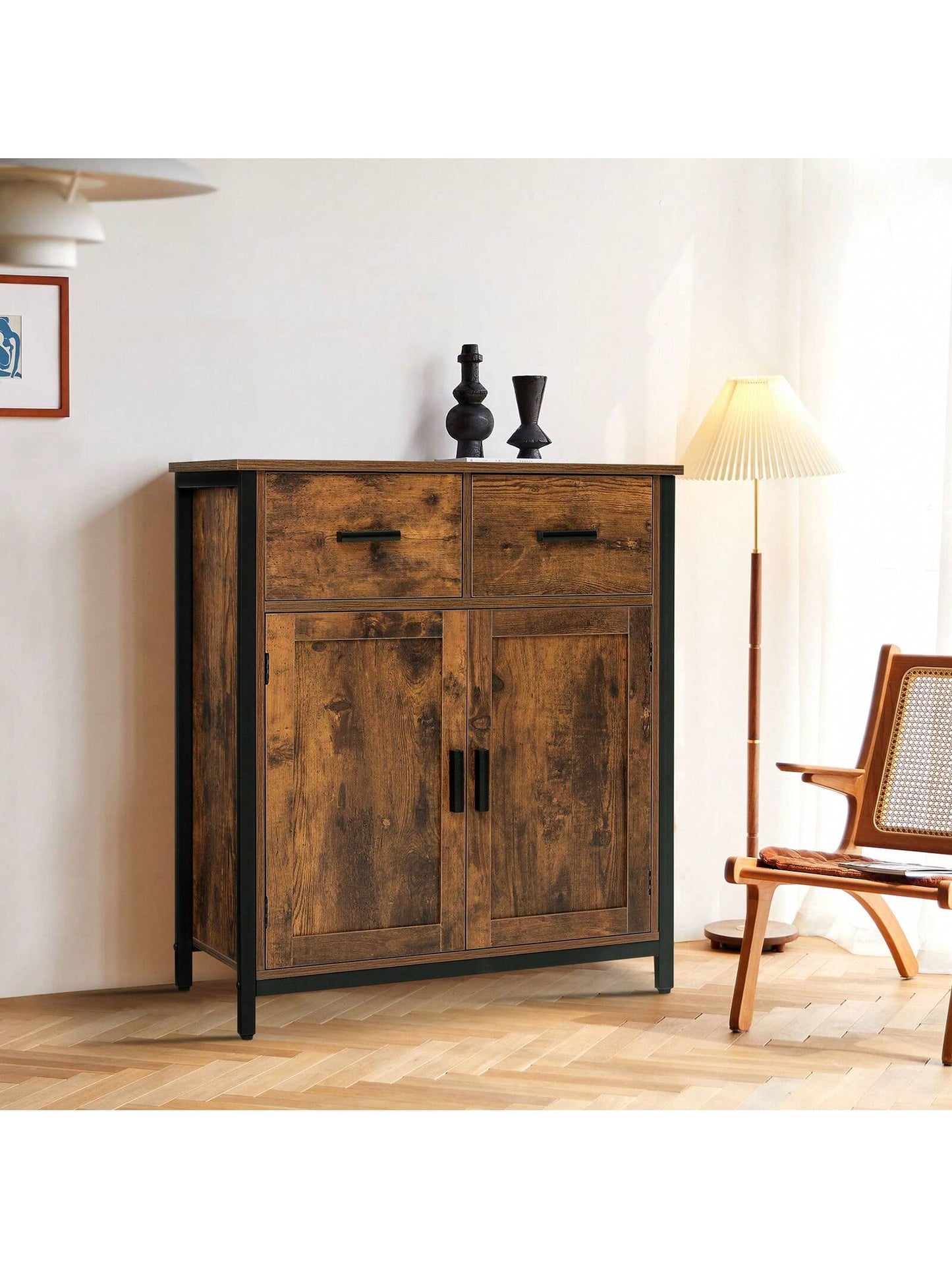 USIKEY Storage Cabinet, Industrial Floor Cabinet with 2 Drawers & Doors, Freestanding Storage Cabinet with  Shelf, for Living Room, Bedroom, Kitchen