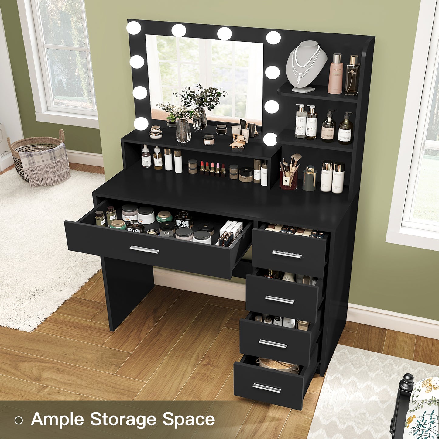 Makeup Vanity Desk with Mirror & Lights, Vanity Desk with 5 Drawers & Storage Shelves, Vanity Table, 3 Color Modes & Adjustable Brightness Dressing Table, Bedroom