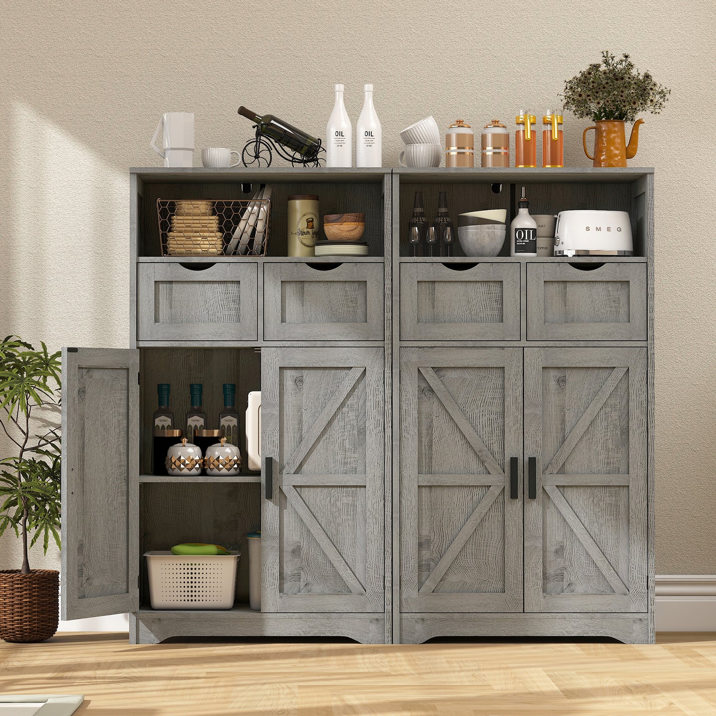 Bathroom Cabinet, Storage Cabinet with 2 Adjustable Drawers & 2 Barn Doors, Standing Cupboard with 2 Shelf, Floor Cabinet for Living Room, Home Office, Kitchen