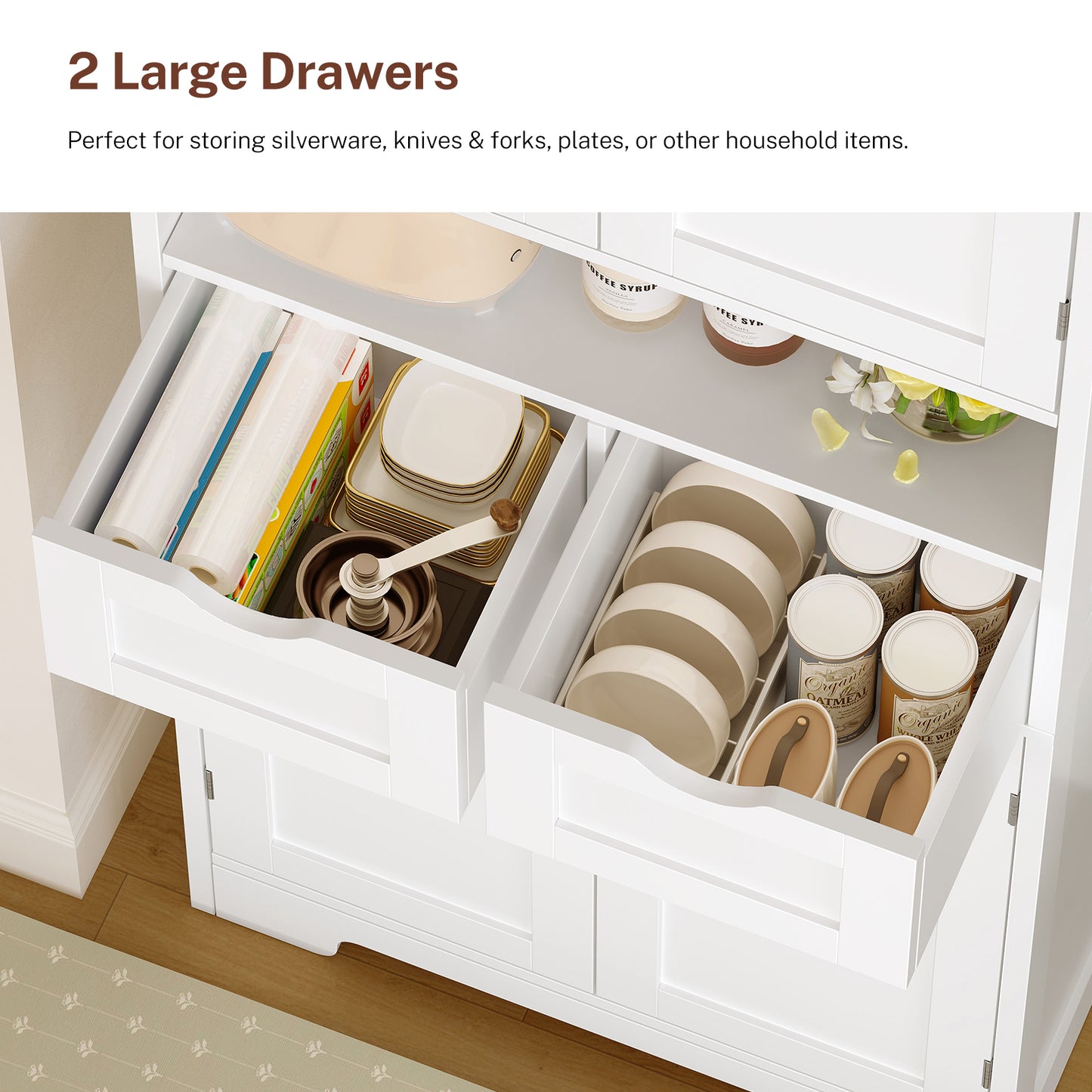 Usikey Kitchen Pantry Cabinet with Adjustable Shelf, Tall Storage Cabinet with 2 Drawers & 4 Door Shelves, Pantry Cabinets for Dining Room, White