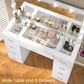 Usikey Vanity Desk with Large Lighted Mirror and Outlet, 46" Makeup Vanity with 9 Drawers and Glass Desktop, Vanity Table with 12 LED Lights, White