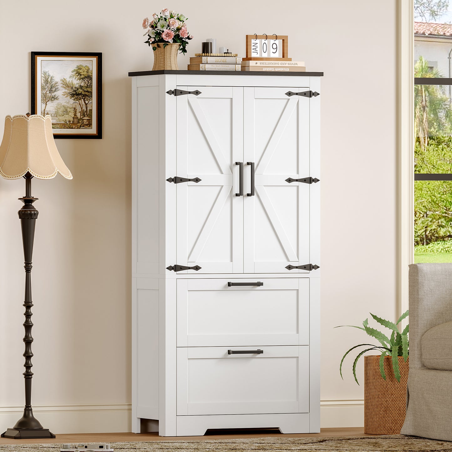 USIKEY 50.4" H Farmhouse Storage Cabinet, Bathroom Storage Cabinet with with 2 Doors & Drawers and Adjustable Shelf, for Bathroom, Living Room, White