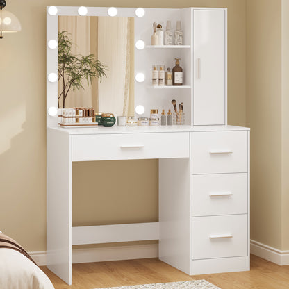 USIKEY Makeup Vanity with Lights, Vanity Desk with Mirror and 10 LED Lights, Vanity Table with 4 Drawers, Cabinet & 4 Necklace Hooks for Bedroom