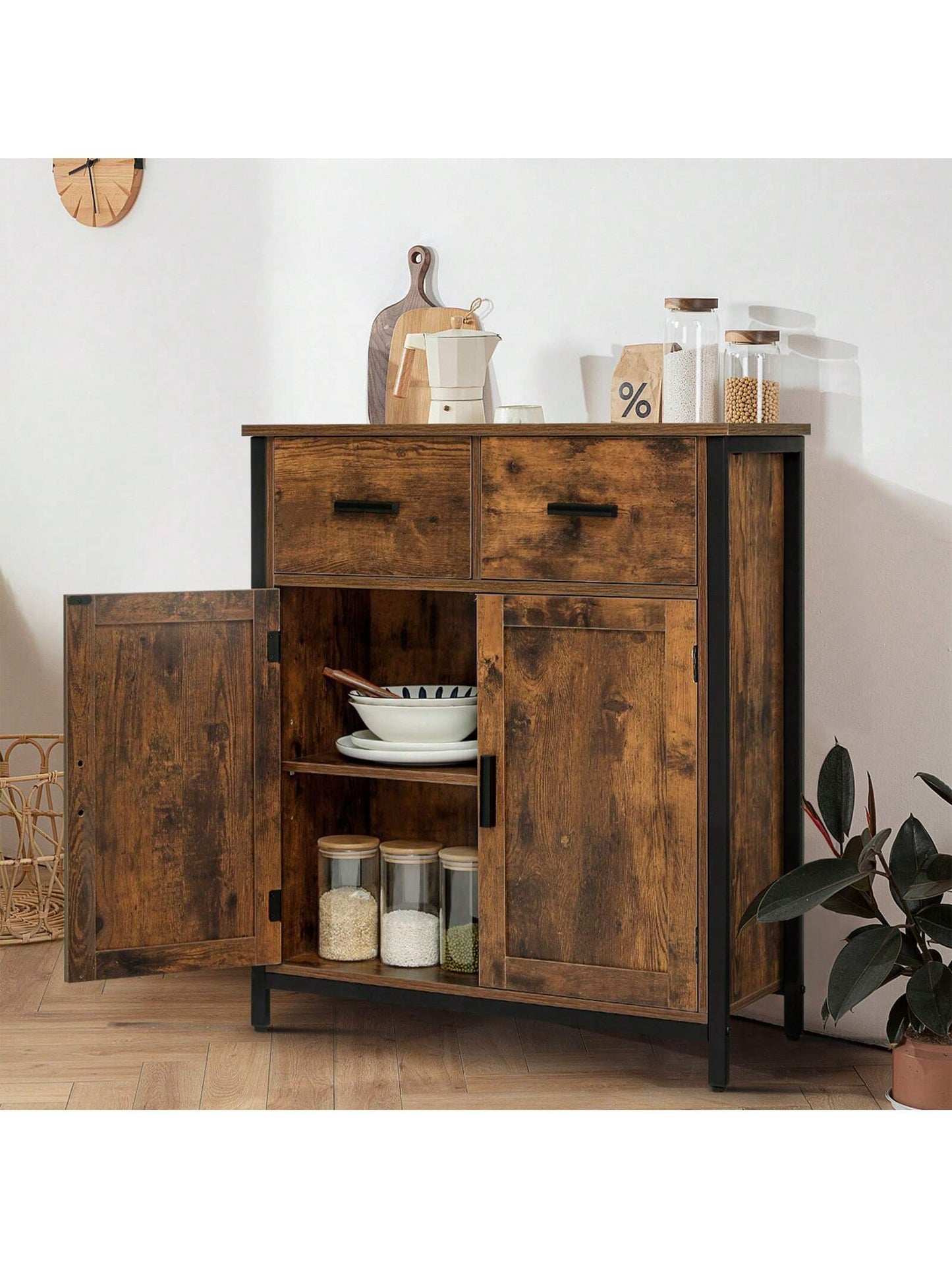 USIKEY Storage Cabinet, Industrial Floor Cabinet with 2 Drawers & Doors, Freestanding Storage Cabinet with  Shelf, for Living Room, Bedroom, Kitchen