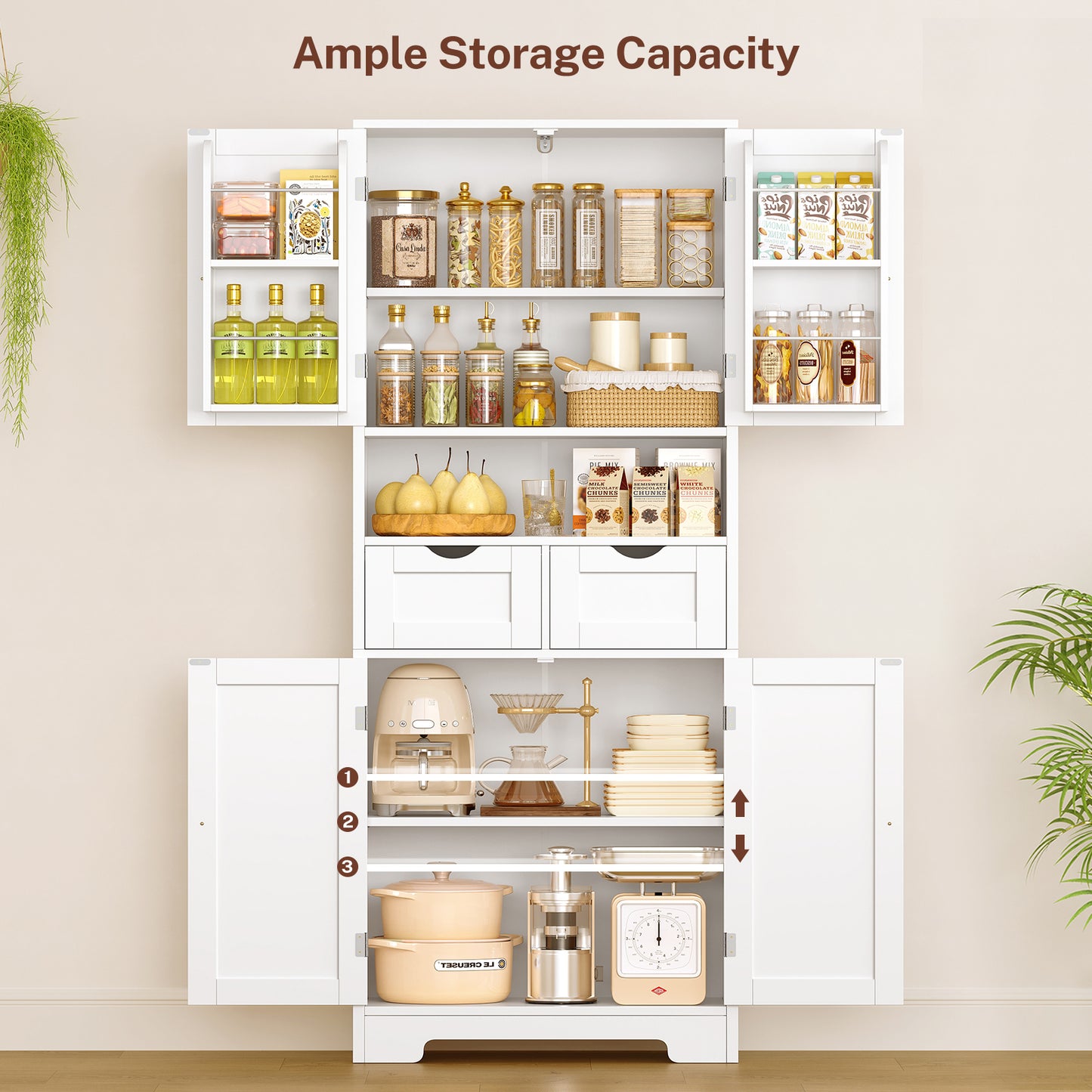 Usikey Kitchen Pantry Cabinet with Adjustable Shelf, Tall Storage Cabinet with 2 Drawers & 4 Door Shelves, Pantry Cabinets for Dining Room, White