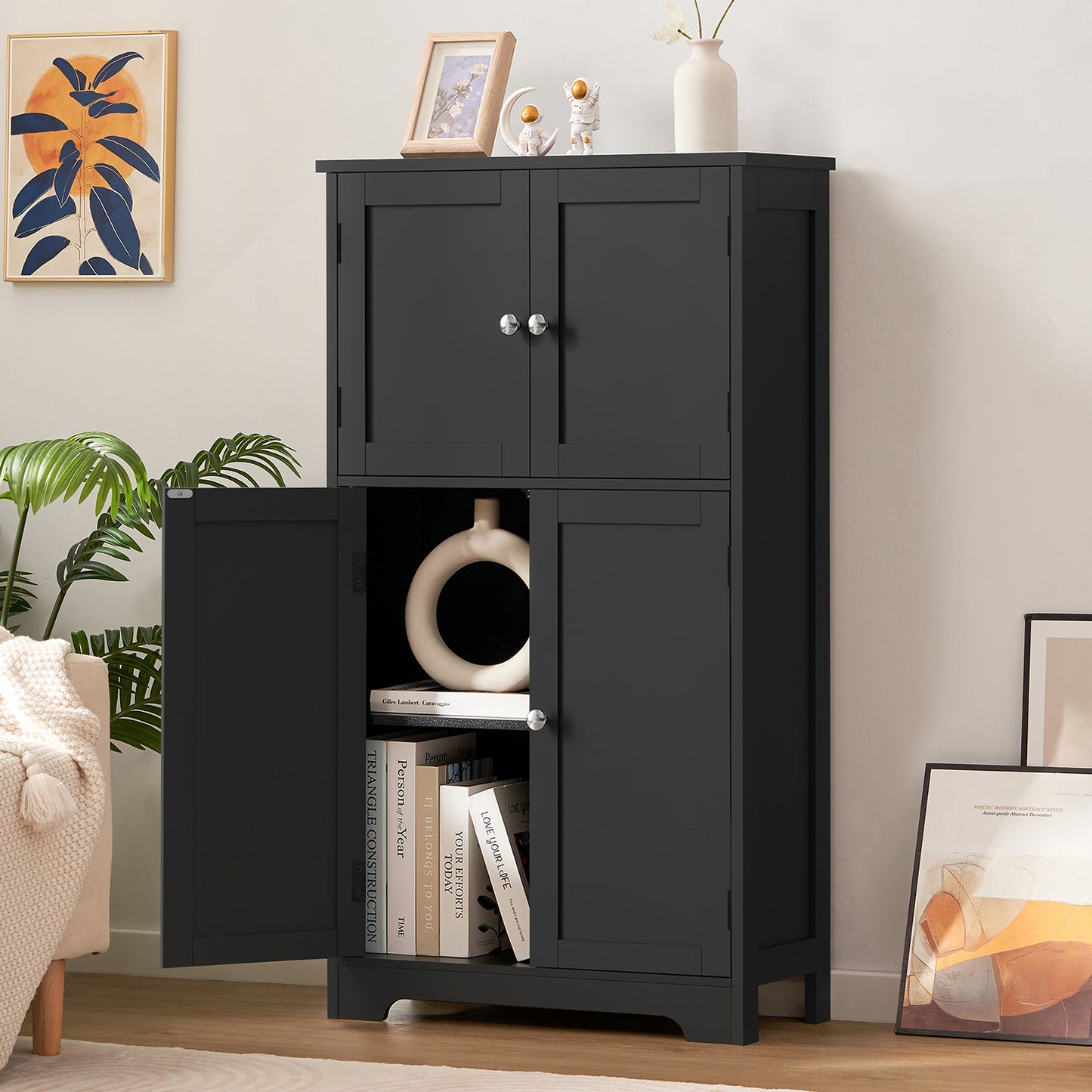 USIKEY Storage Cabinet, Bathroom Cabinet with 4 Doors & Adjustable Shelf, Bathroom Floor Cabinet for Living Room, Entryway, Home Office
