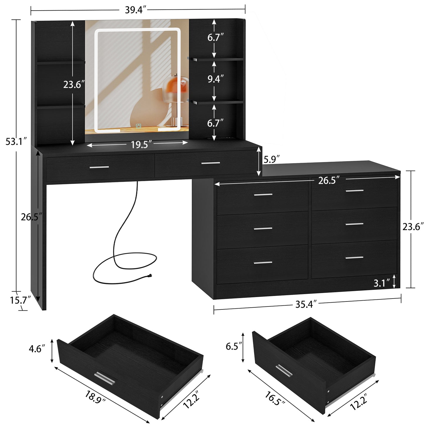 USIKEY Vanity Makeup Desk with LED Light Mirror & Power Outlet, 8 Drawers, Storage Shelves, & Adjustable Brightness Dressing Table, Corner Vanity Desk