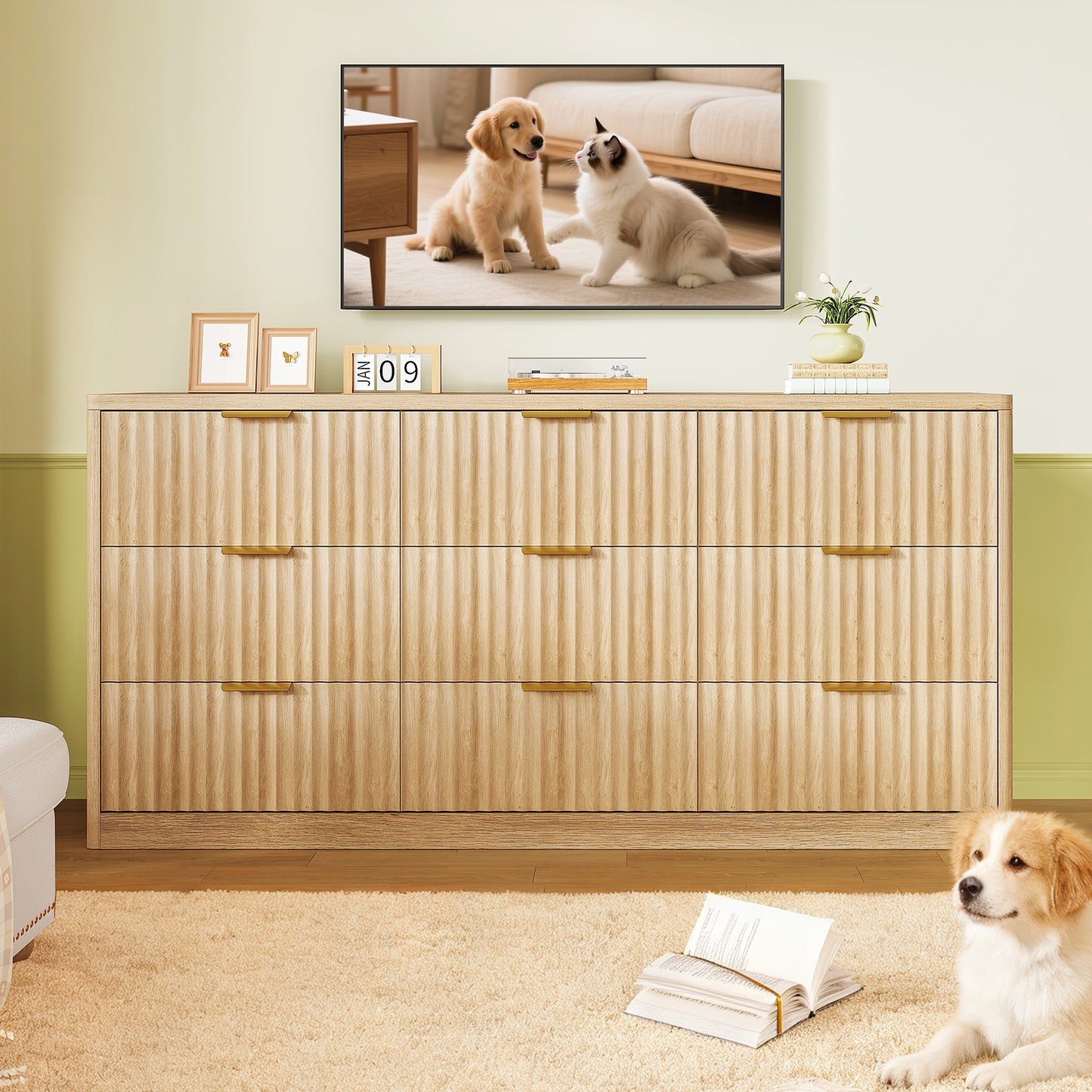 Usikey Fluted Dresser with 9 Drawers 63'' Wide Modern Dressers with Wood Chests of Drawers with Gold Handle &  Natural Wood TV Dresser for Bedroom