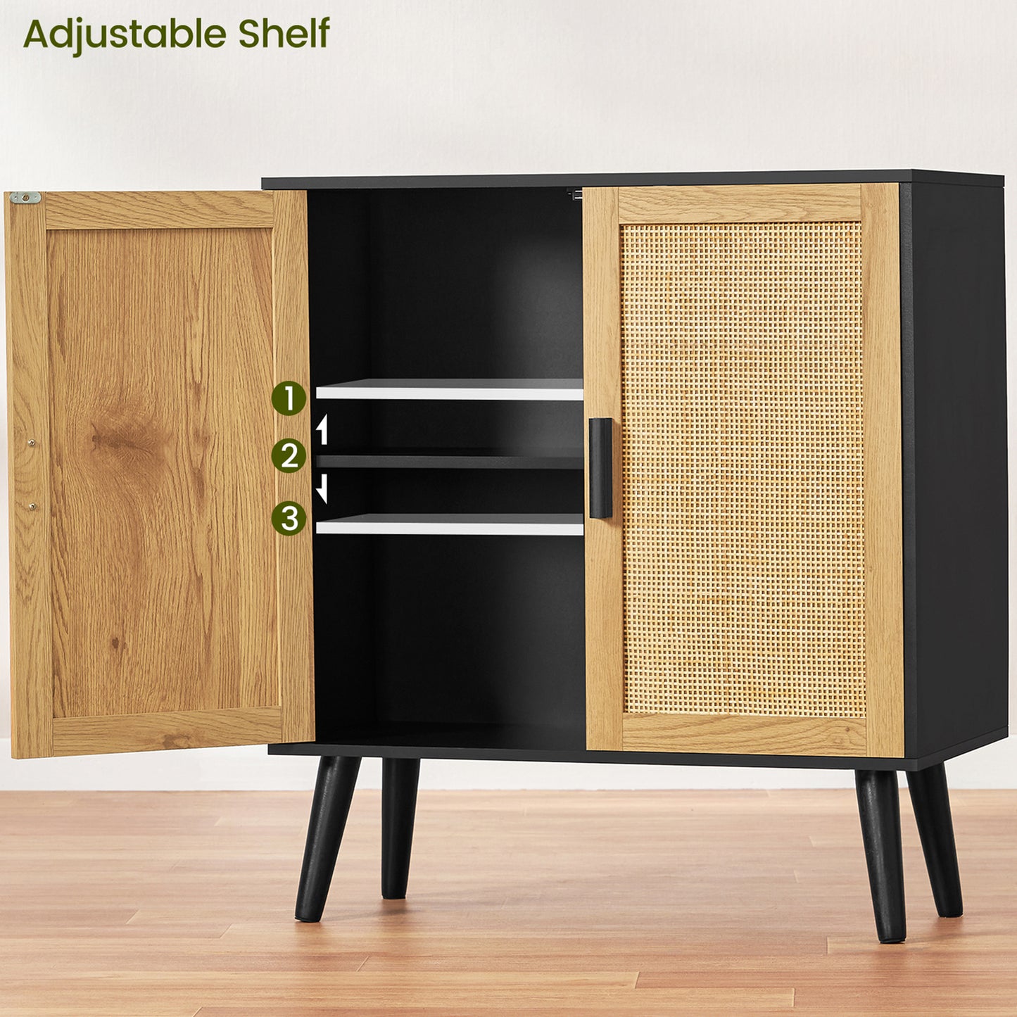 Storage Cabinet with Adjustable Shelf, Rattan Cabinet with Doors, Sideboard Buffet Cabinet with Storage, Accent Cabinet for Living Room, Entryway, Natural+ Black