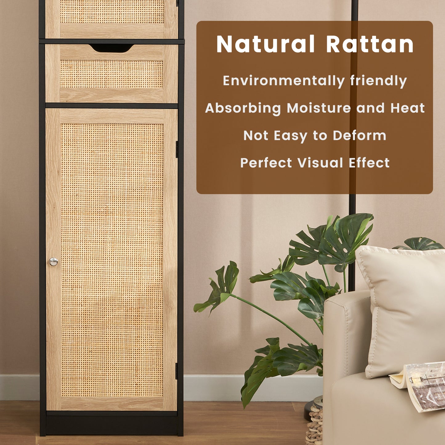 usikey Tall Bathroom Cabinet with Doors, Rattan Storage Cabinet with Adjustable Shelves, Freestanding Narrow Linen Cabinet for Living Room, Entryway, Kitchen, Home Office, Natural