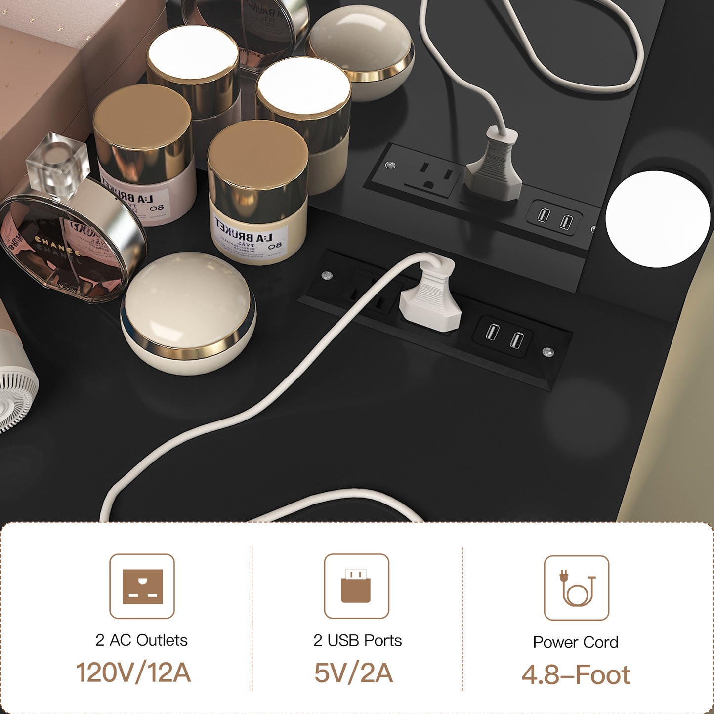 USIKEY 47.2" Large Vanity Desk with Lighted Mirror, 14 Lights, Makeup Vanity Table with 5 Large Drawers & Charging Station