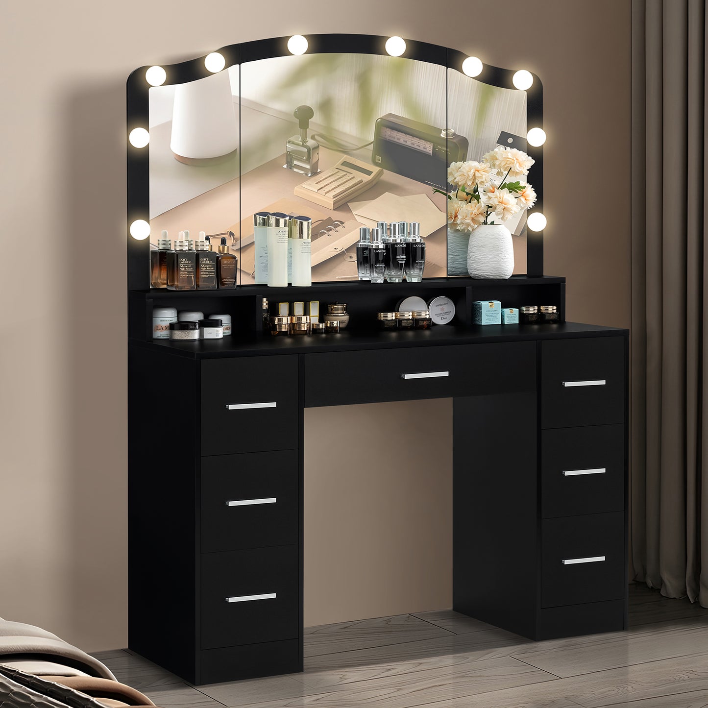 usikey 43.3" Vanity Desk with Large Lighted Mirror, Makeup Vanity Table with 7 Drawers & 10 Lights Bulbs, 3 Lighting Colors, Make Vanity Desk, Vanity Table for Women Girls