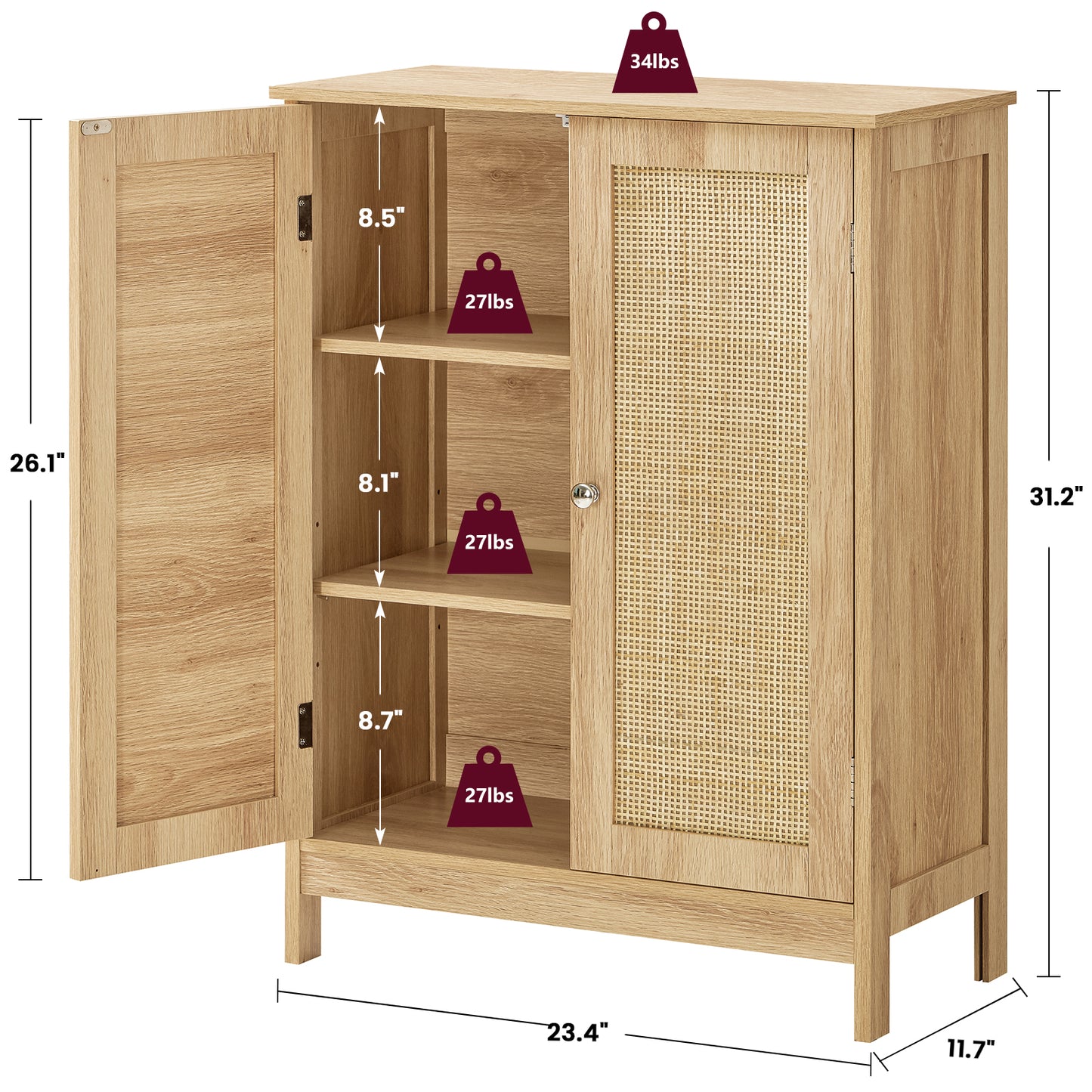 Storage Cabinet with 2 Storage Shelf, Rattan Cabinet with Doors, Accent Cabinet for Living Room, Entryway, Home Office, Natural