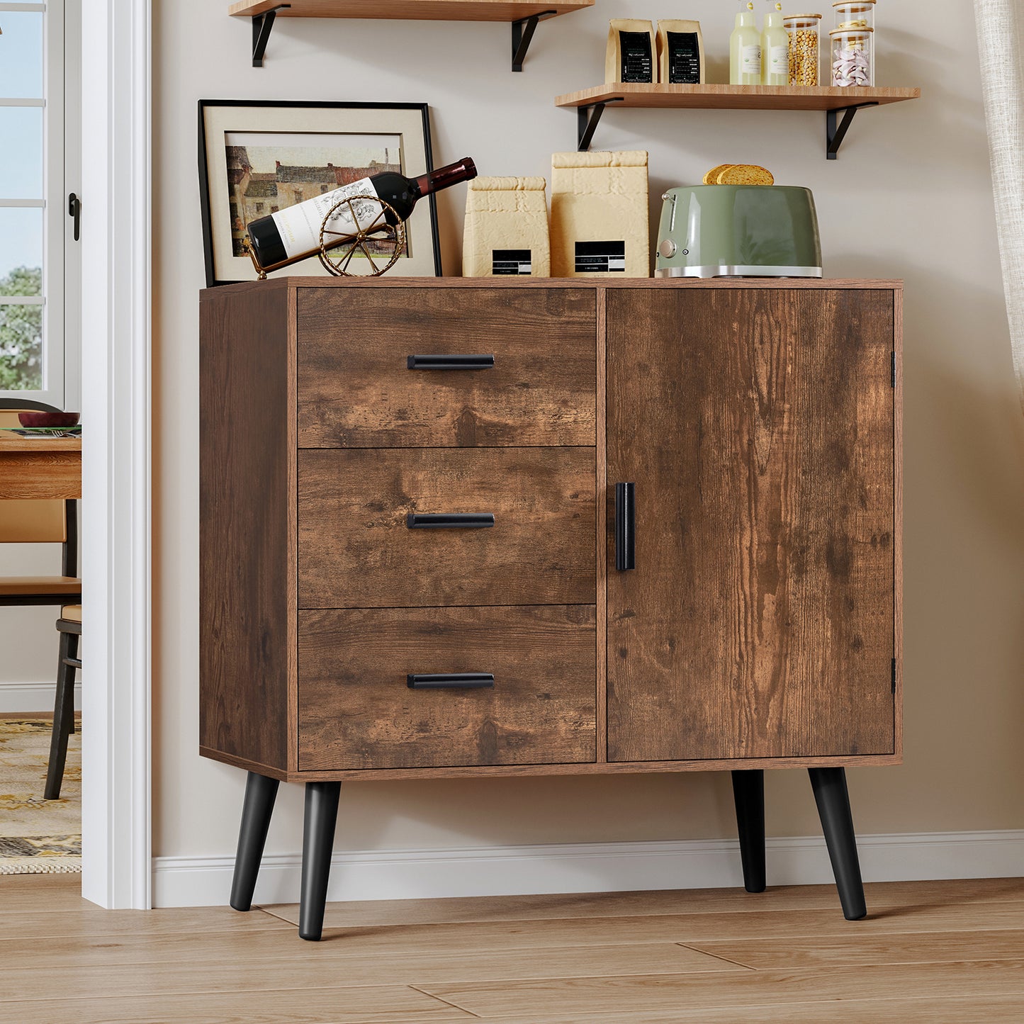 USIKEY Storage Cabinet with Rattan Door & 3 Drawers, Entryway Cabinet with Adjustable Shelf, Accent Cabinet for Living Room