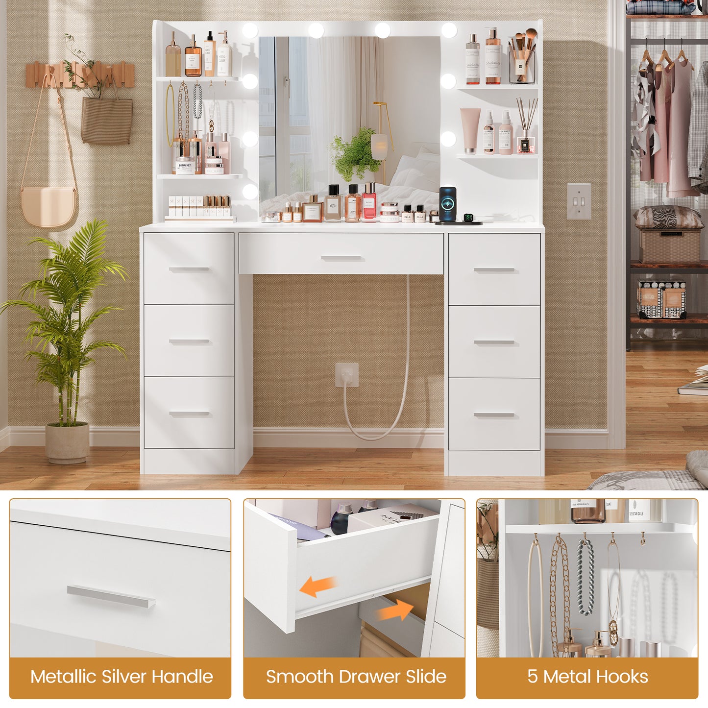 Large Vanity Desk with LED Lighted Mirror & Power Outlet,Makeup Vanity Table with 7 Drawers,4 Shelves and 5 Hooks,Vanity Table, Vanity Desk Set for Bedroom,Bathroom,White