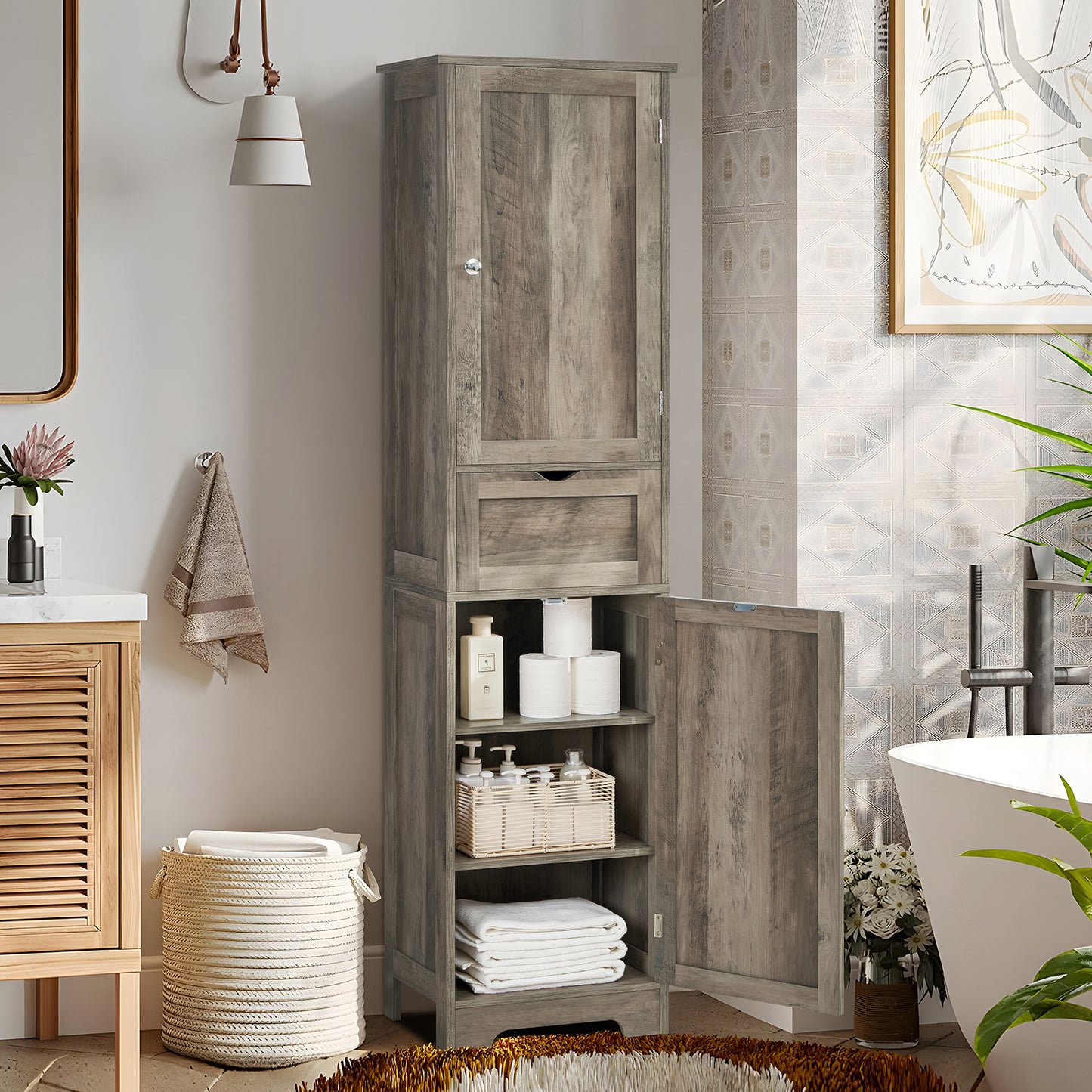 usikey Tall Bathroom Cabinet with Doors, Rattan Storage Cabinet with Adjustable Shelves, Freestanding Narrow Linen Cabinet for Living Room, Entryway, Kitchen, Home Office, Natural
