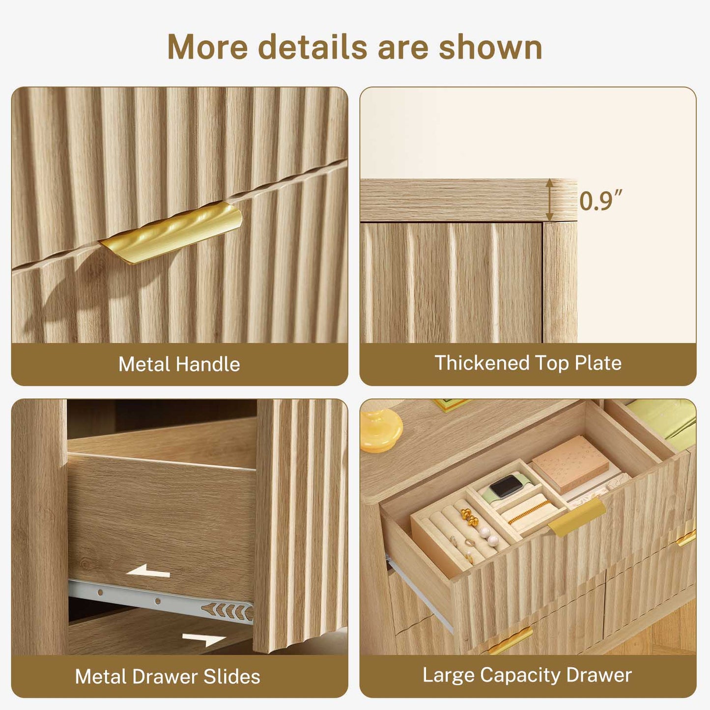 Usikey Fluted Dresser for Bedroom with 8 Drawers, 47'W Modern Chest of Drawers with Metal Handle, Wood Clothes Storage Organizer for Living Room, Oak