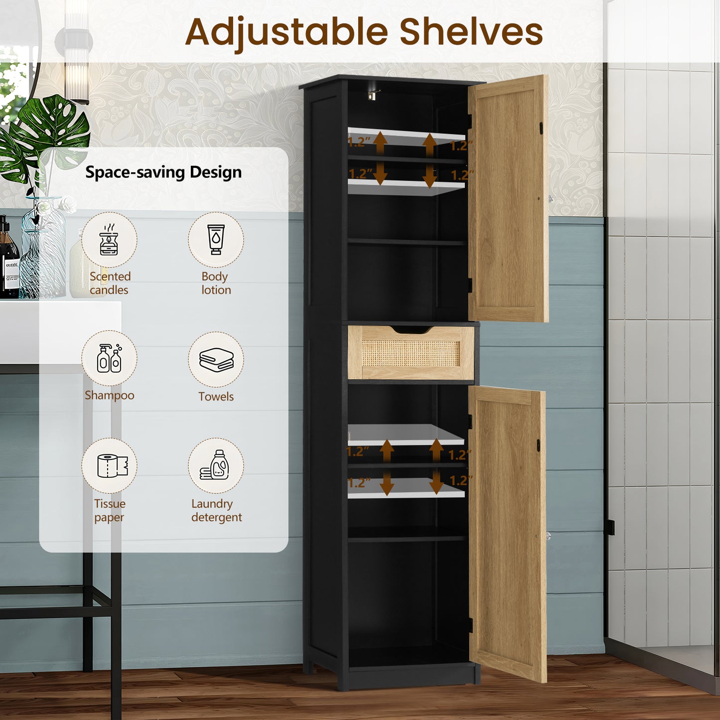 usikey Tall Bathroom Cabinet with Doors, Rattan Storage Cabinet with Adjustable Shelves, Freestanding Narrow Linen Cabinet for Living Room, Entryway, Kitchen, Home Office, Natural