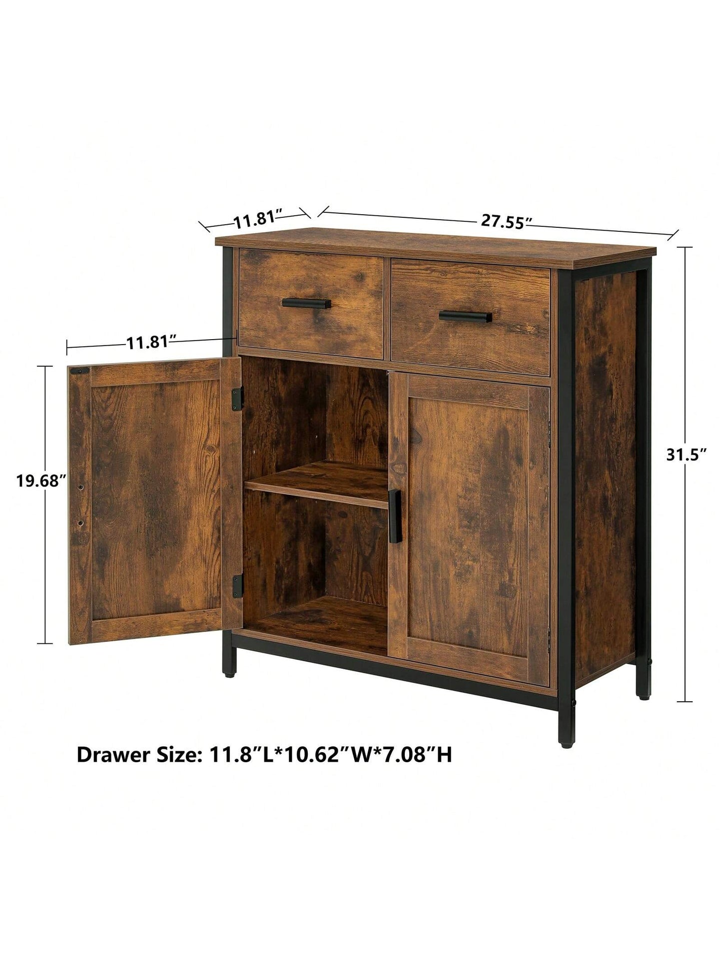 USIKEY Storage Cabinet, Industrial Floor Cabinet with 2 Drawers & Doors, Freestanding Storage Cabinet with  Shelf, for Living Room, Bedroom, Kitchen