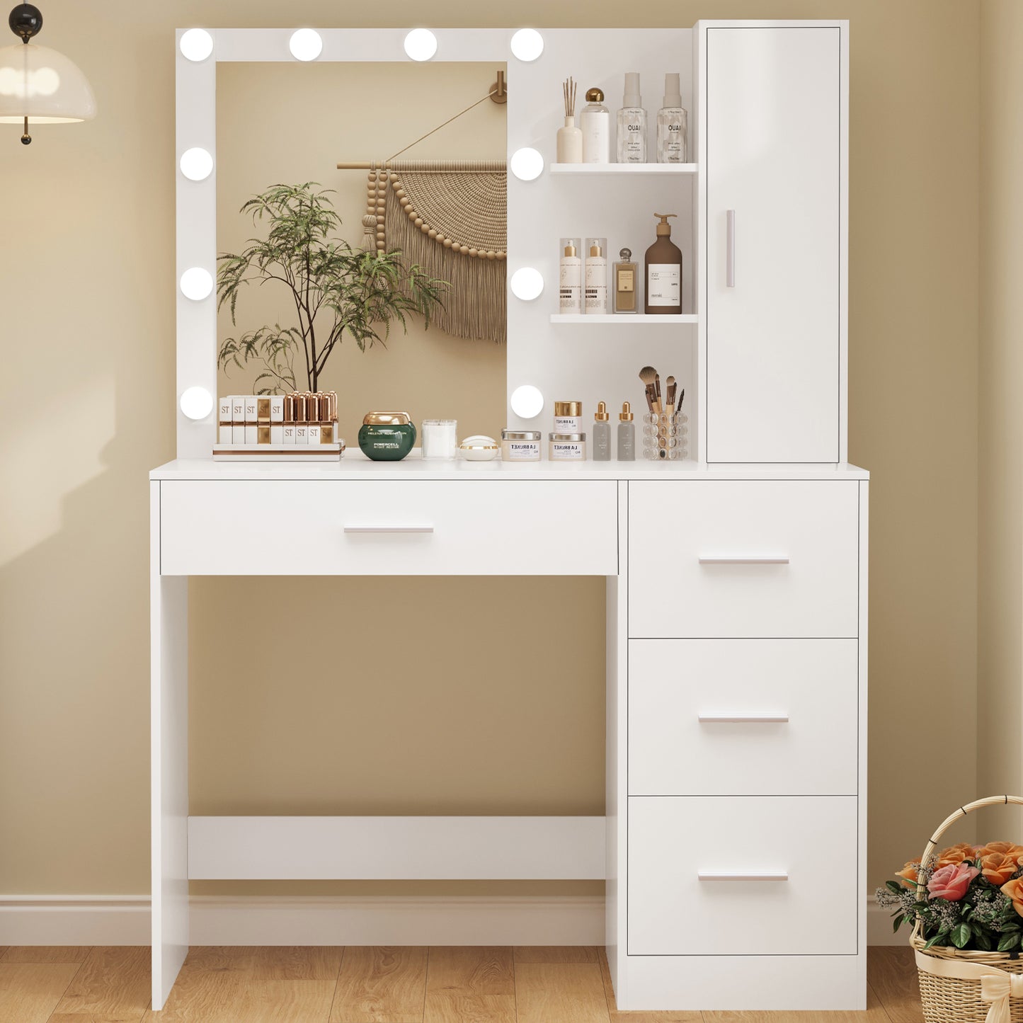 USIKEY Makeup Vanity with Lights, Vanity Desk with Mirror and 10 LED Lights, Vanity Table with 4 Drawers, Cabinet & 4 Necklace Hooks for Bedroom