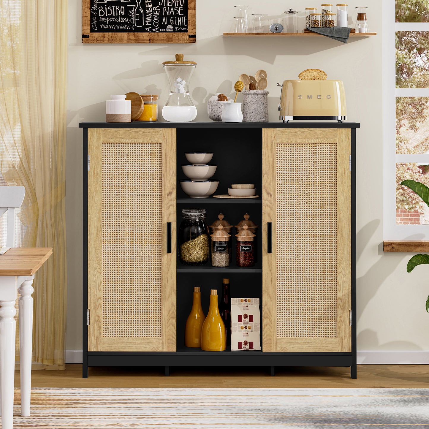 Storage Cabinet with 2 Doors and 4 Storage Shelves, Credenza Buffet Cabinet, Bathroom Cabinet for Living Room, Entryway, Home Office, White