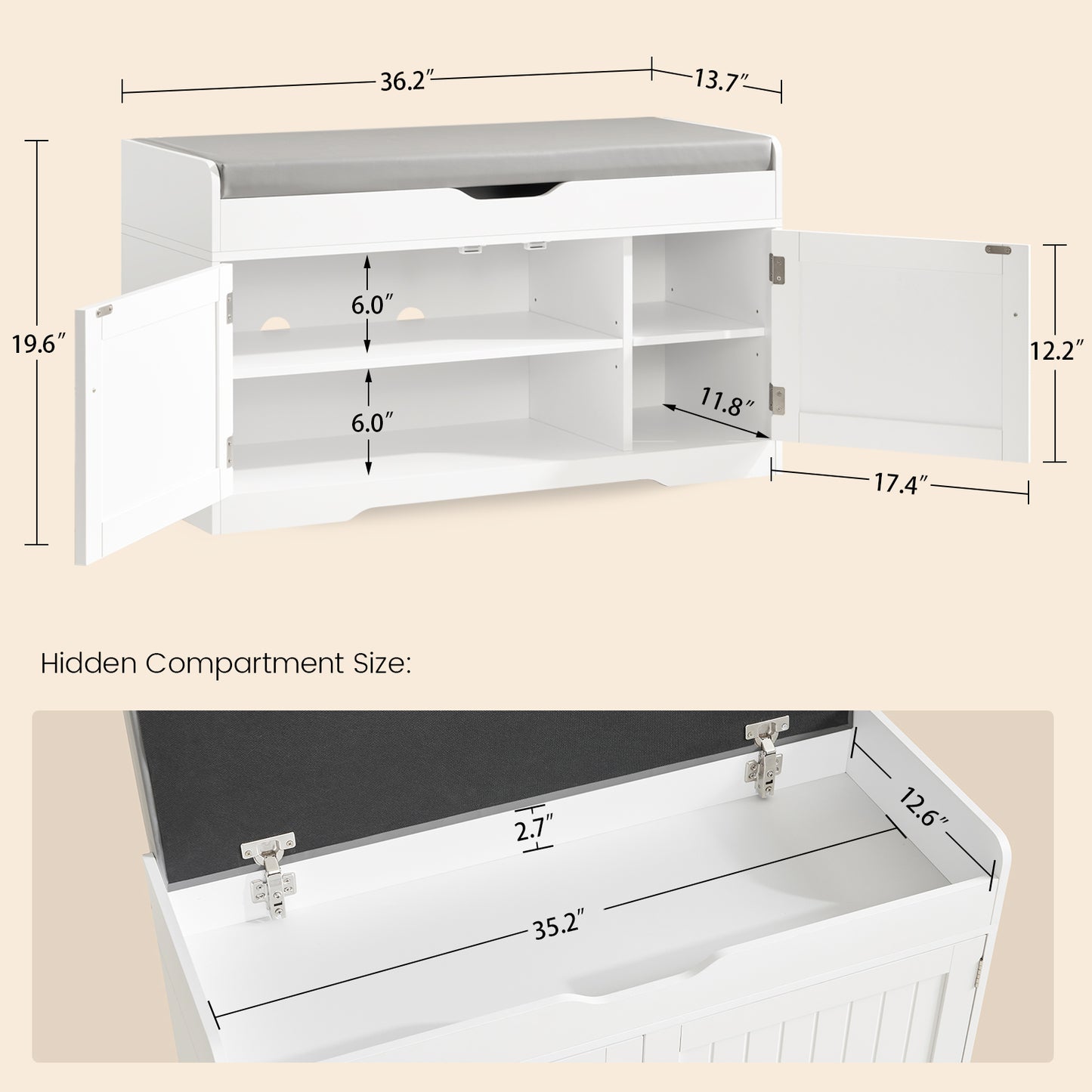 USIKEY Shoe Storage Bench, 2 Tier Shoe Bench with Padded Seat Cushion & 2 Barn Doors, Entryway Bench with Adjustable Shelf, Shoe Cabinet for Living Room, Bedroom