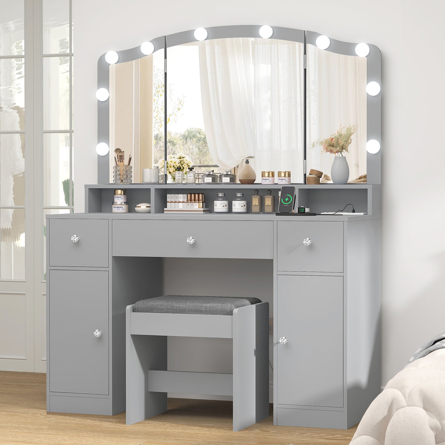 Vanity Desk with Triple Folding Mirror, Makeup Vanity with Power Outlet, Vanity Desk with 10 Lights, 3 Drawers & 2 Cabinets, Makeup Vanity Table with Soft Cushioned Stool for Women, Bedroom, White