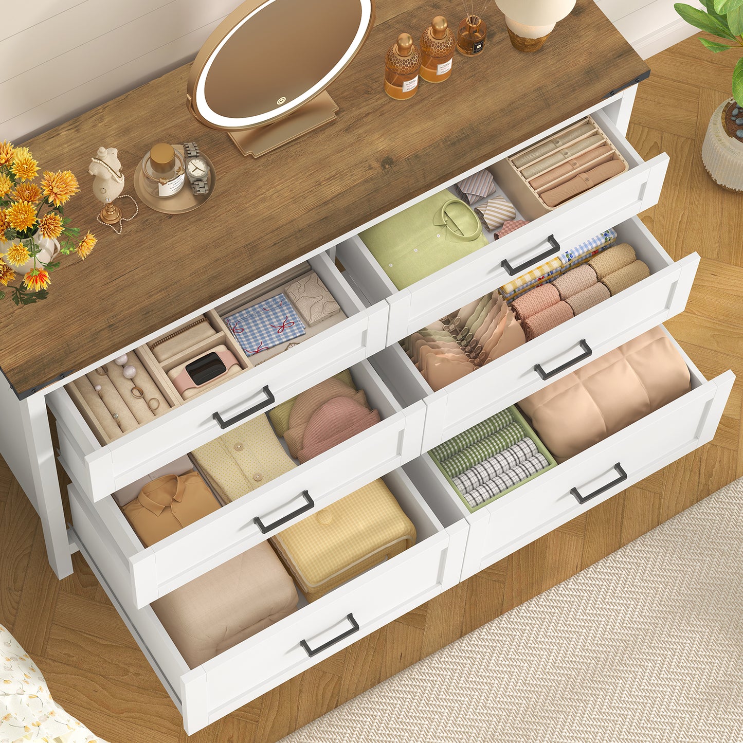 USIKEY Farmhouse 6 Drawer Dresser for Bedroom, 47.2'' Wide Wood Chest of Drawers , Dresser for Closet, Bedroom Dresser for Living Room, White