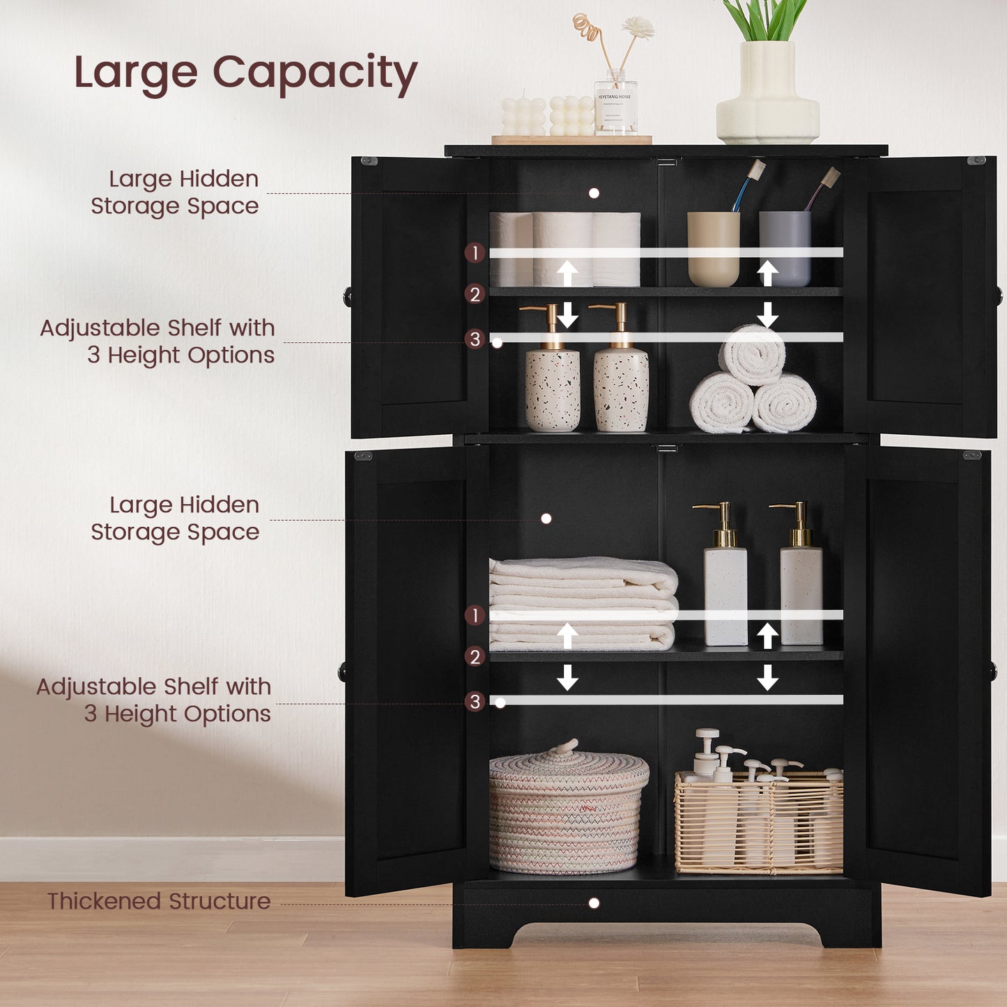 Storage Cabinet, Bathroom Cabinet with 4 Doors & Adjustable Shelf, Cupboard, Bathroom Floor Cabinet for Living Room, Entryway, Home Office, Grey