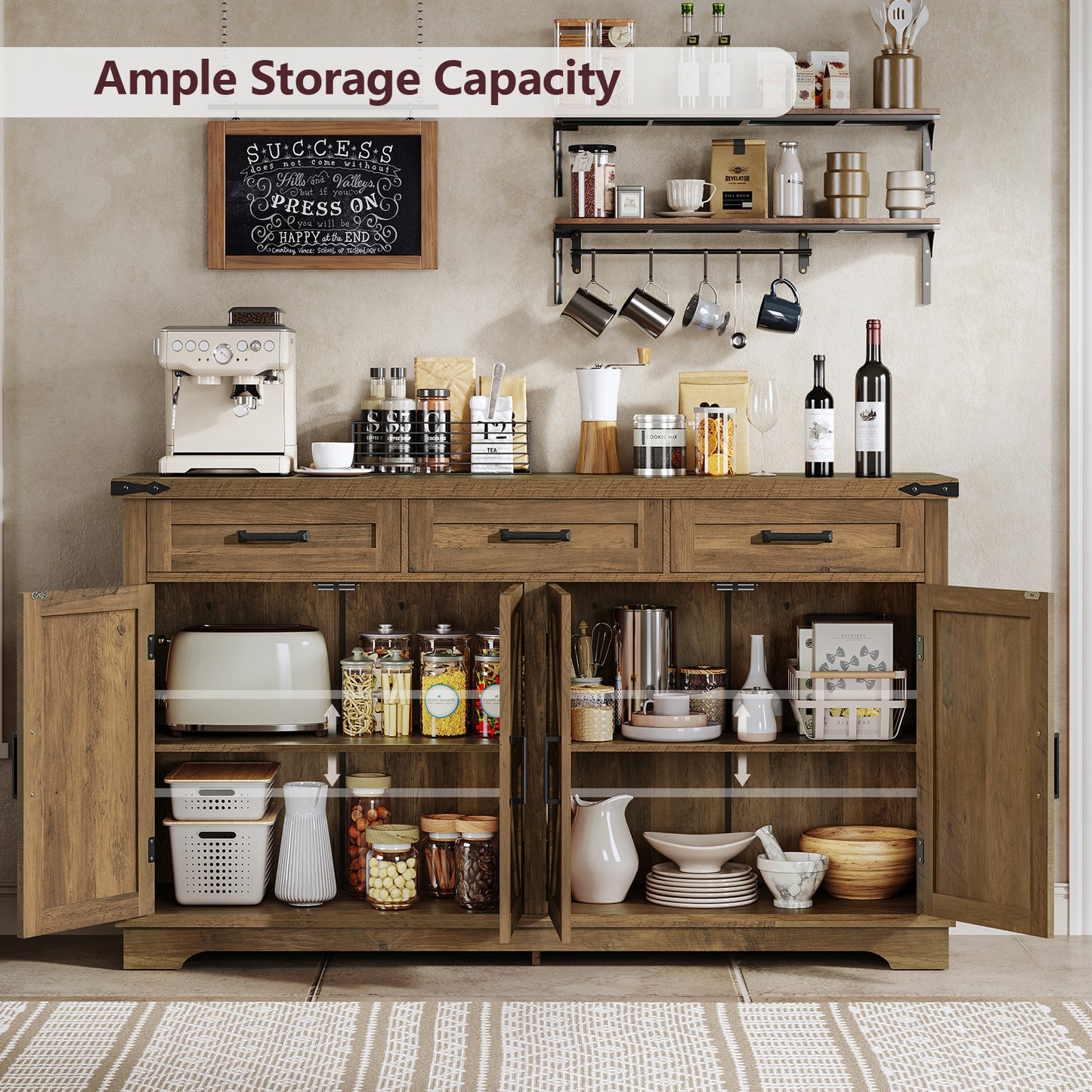 USIKEY 55" Buffet Cabinet With Storage, Large Sideboard Buffet Storage Cabinet With 3 Drawers, Farmhouse Coffee Bar Cabinet, For Kitchen, Living Room