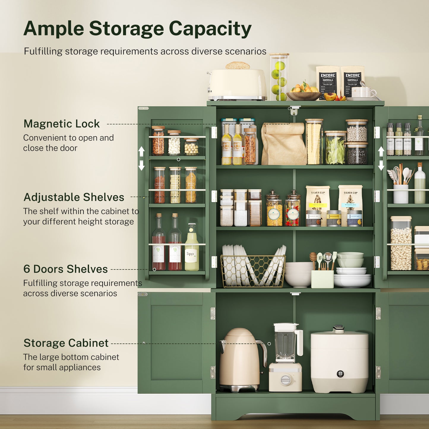 USIKEY Pantry Cabinet, Kitchen Pantry Storage Cabinet with Doors and Adjustable Shelves, Food Pantry for Kitchen, Dining Room, Living Room and Garage