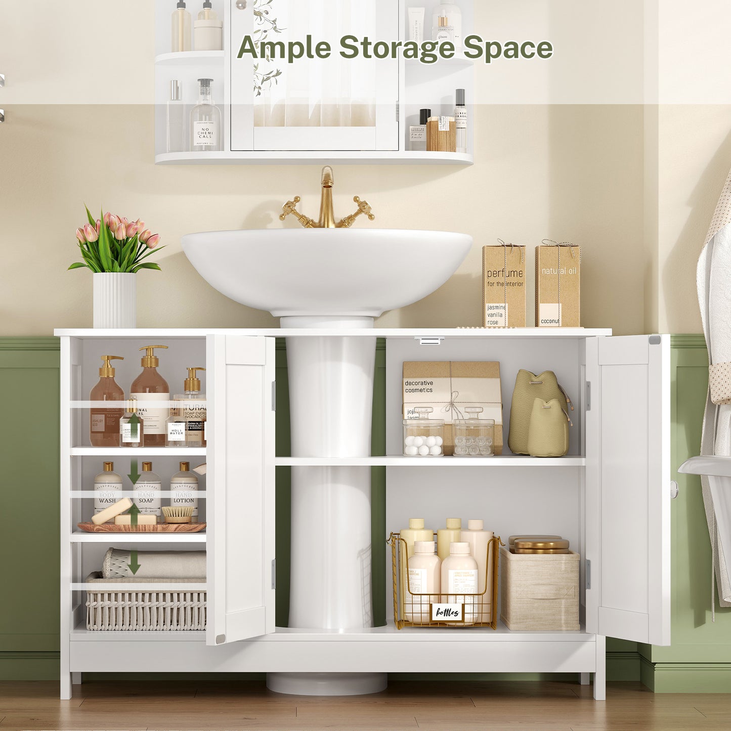 USIKEY Pedestal Sink Storage Cabinet with 2 Doors and 3 Open Shelves, Under Sink Cabinet, Bathroom Sink Cabinet with U-Shape, White