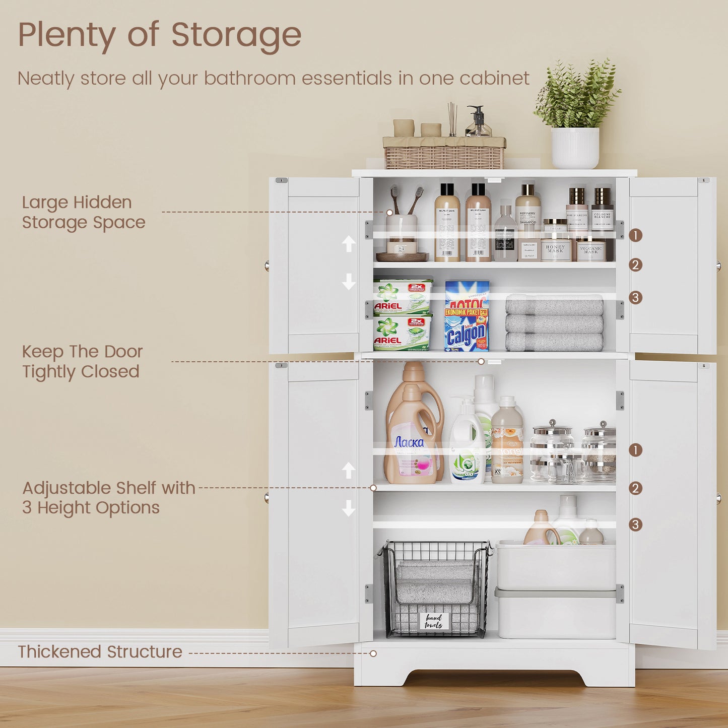 USIKEY Storage Cabinet, Bathroom Cabinet with 4 Doors & Adjustable Shelf, Bathroom Floor Cabinet for Living Room, Entryway, Home Office