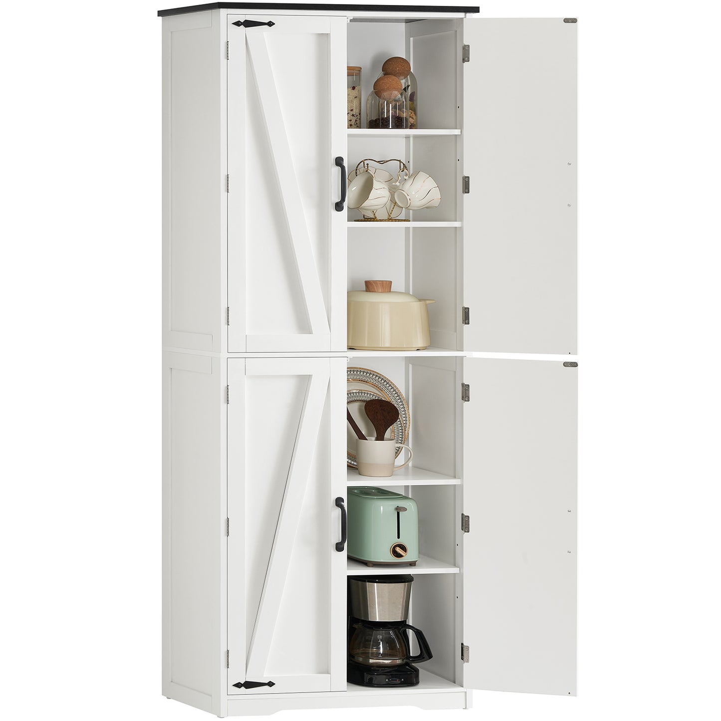 USIKEY 67"H Tall Storage Cabinet with 4 Doors, Farmhouse Accent Cabinet with Adjustable Shelves, for Bedroom, Living Room, Kicthen, White