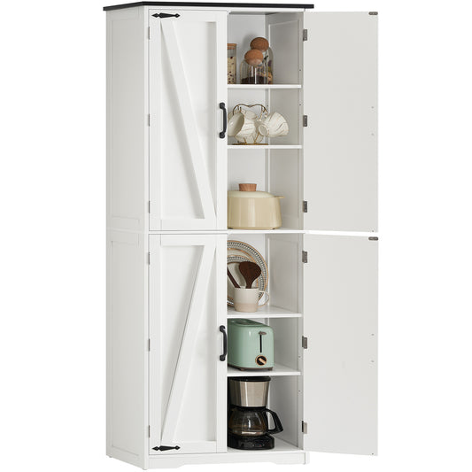 USIKEY 67"H Tall Storage Cabinet with 4 Doors, Farmhouse Accent Cabinet with Adjustable Shelves, for Bedroom, Living Room, Kicthen, White