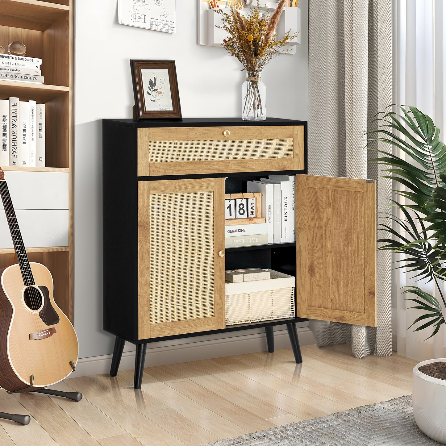 Storage Cabinet with Adjustable Shelf, Rattan Cabinet with Large Drawer, Accent Cabinet for Dining Room, Living Room, Entryway