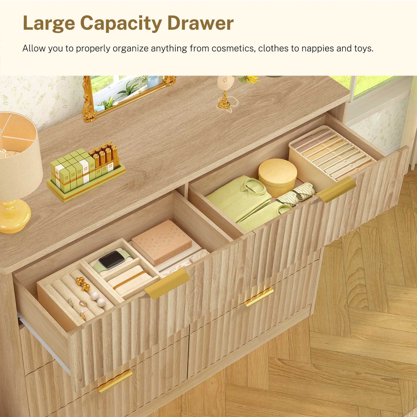 Usikey Fluted Dresser for Bedroom with 8 Drawers, 47'W Modern Chest of Drawers with Metal Handle, Wood Clothes Storage Organizer for Living Room, Oak