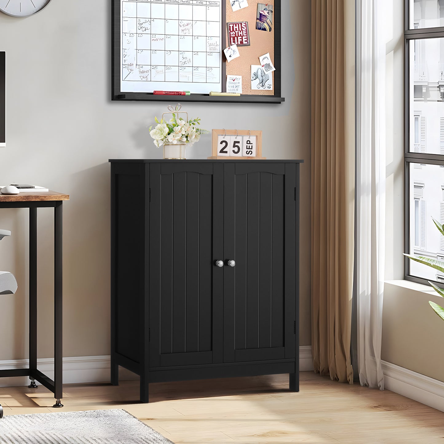 Storage Cabinet with 2 Doors & Adjustable Shelf, Bathroom Cabinet, Armoire de Rangement for Living Room, Entryway, Home Office, Black