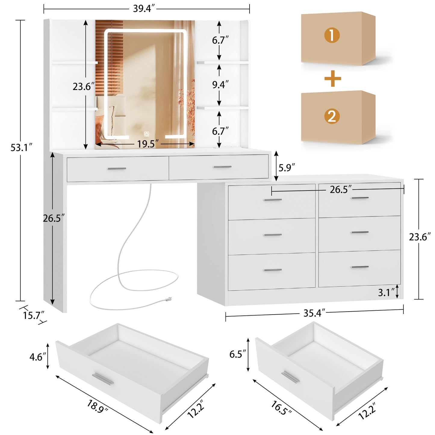 65.9'' Vanity Desk with LED Lighted Mirror & Power Outlet, Modern Corner Makeup Vanity Table with 8 Drawers & Open Shelves, Dressing Table for Bedroom, Makeup Room