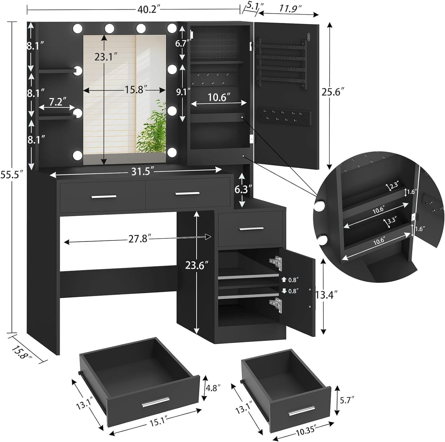 usikey Makeup Vanity with Mirror & 10 Lights, Vanity Desk with Jewelry Cabinet, Vanity Table with 3 Drawers & 1 Door Cabinet, 3 Color Modes & Adjustable Brightness Dressing Table, Bedroom