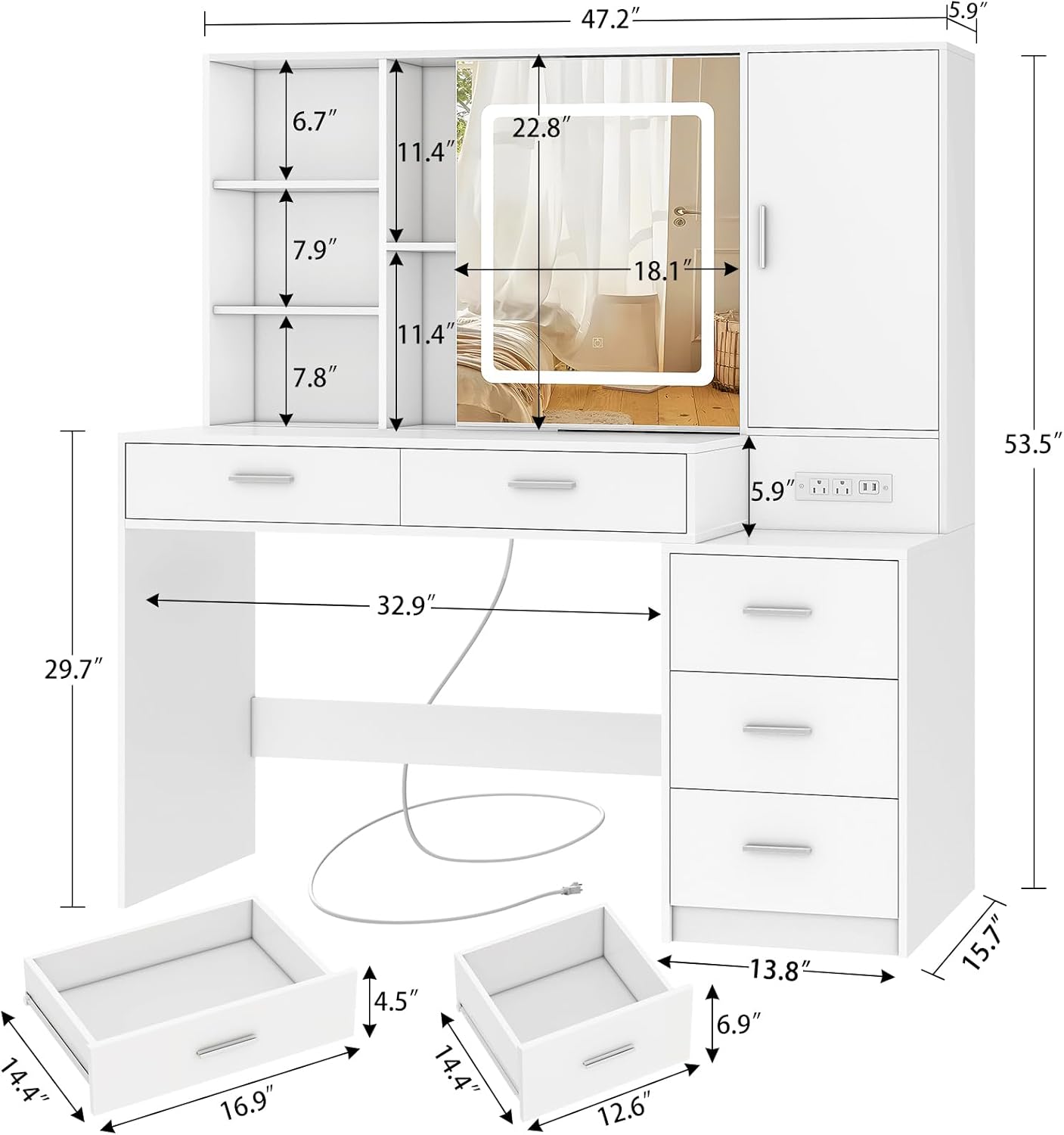 Vanity Desk with Lighted Mirror and Power Outlet, Makeup Vanity Desk with 5 Drawers and Cabinet, Hidden and Open Shelves, Black Vanity Table Set with 3 Color Lighting