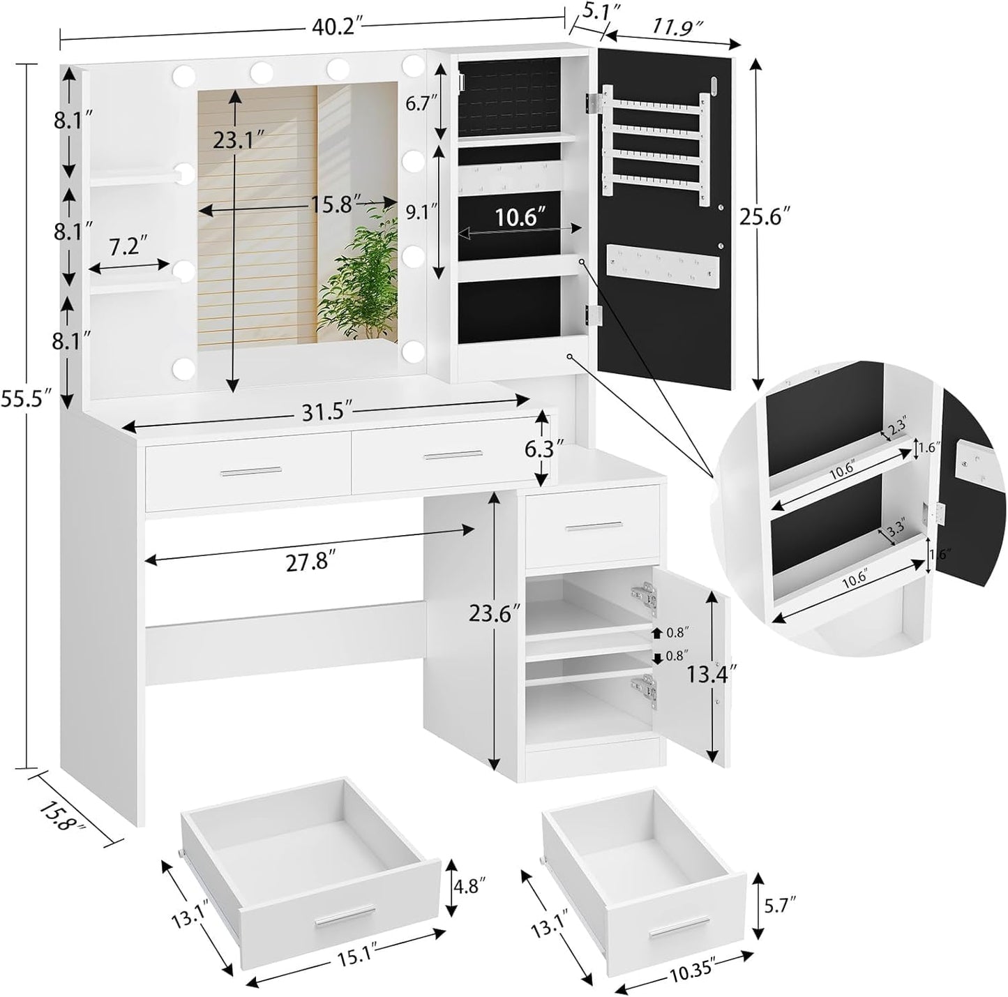 usikey Makeup Vanity with Mirror & 10 Lights, Vanity Desk with Jewelry Cabinet, Vanity Table with 3 Drawers & 1 Door Cabinet, 3 Color Modes & Adjustable Brightness Dressing Table, Bedroom