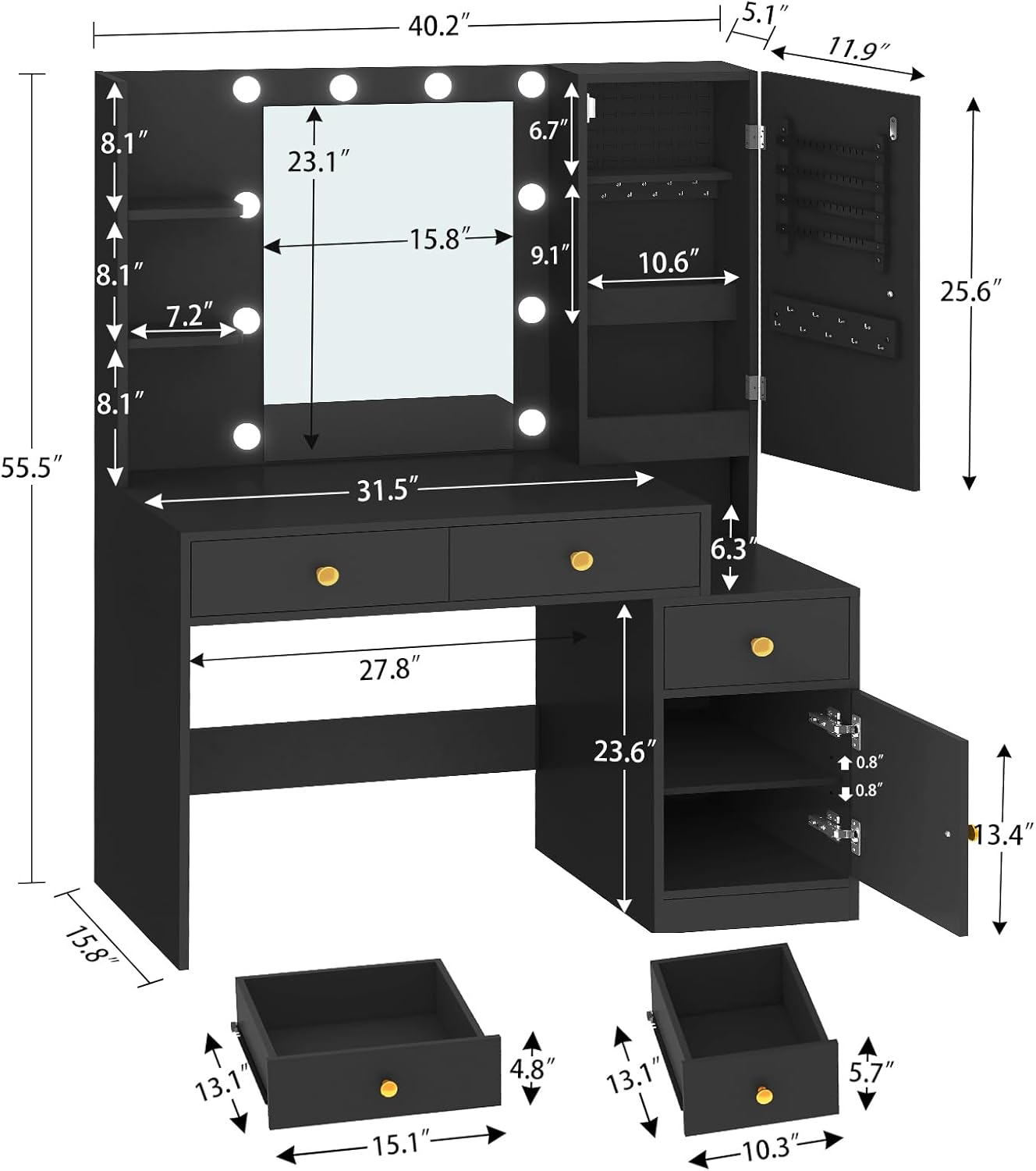 Makeup Vanity Desk with Mirror and Lights, Vanity Desk with Jewelry Cabinet, Makeup Vanity Table with 2 Shelves & 2 Cabinets & 3 Drawers, Women, Girls, for Bedroom