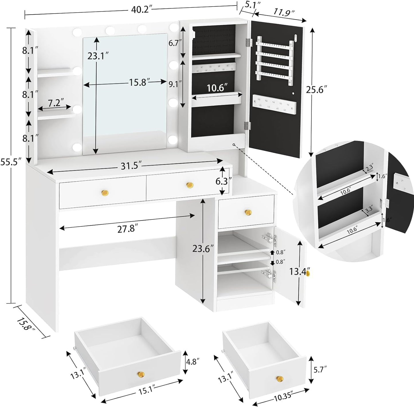 Makeup Vanity Desk with Mirror and Lights, Vanity Desk with Jewelry Cabinet, Makeup Vanity Table with 2 Shelves & 2 Cabinets & 3 Drawers, Women, Girls, for Bedroom